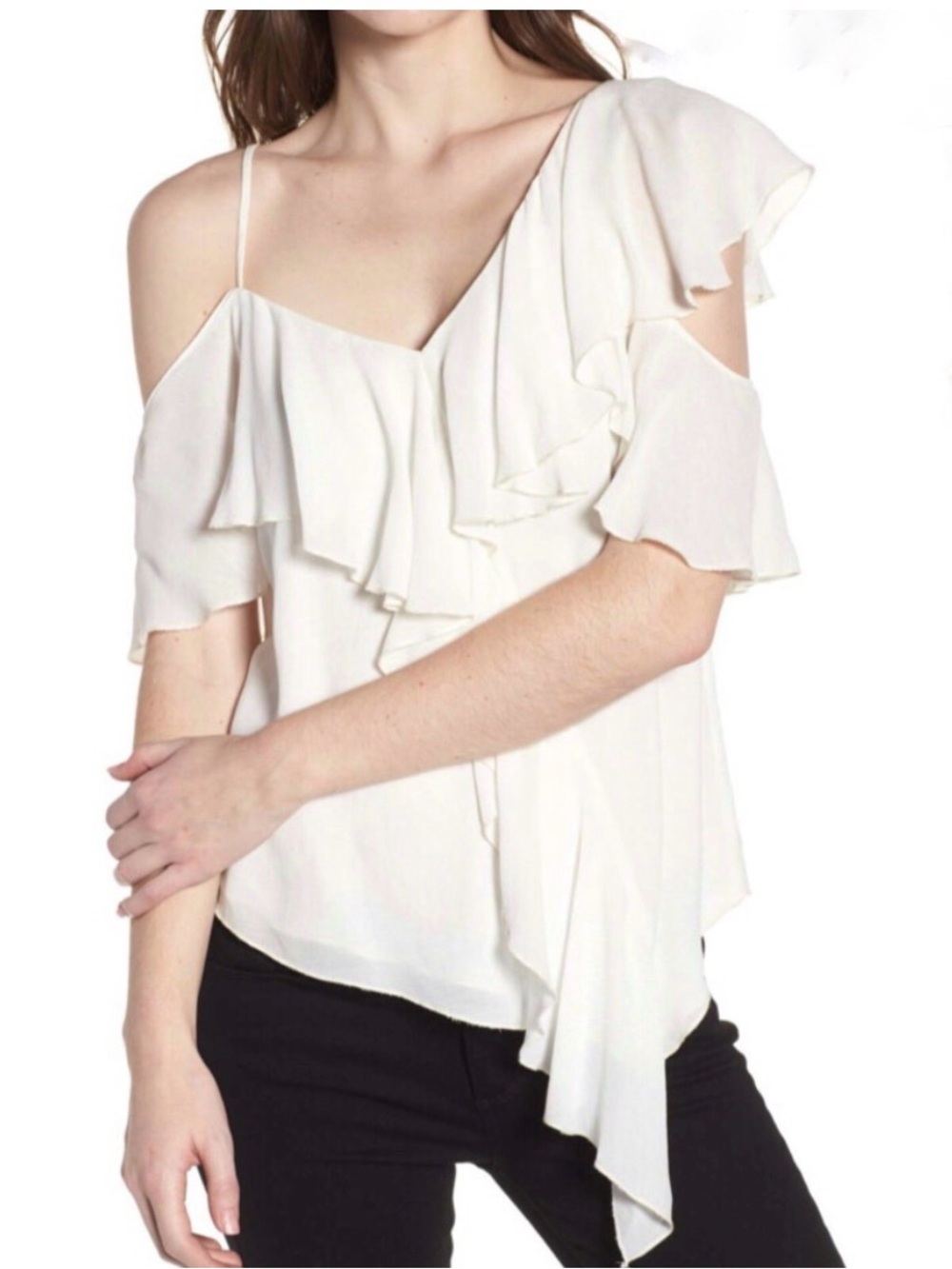 Bailey 44 Cream Ruffle-Trim romantic boho rayon crepe Top